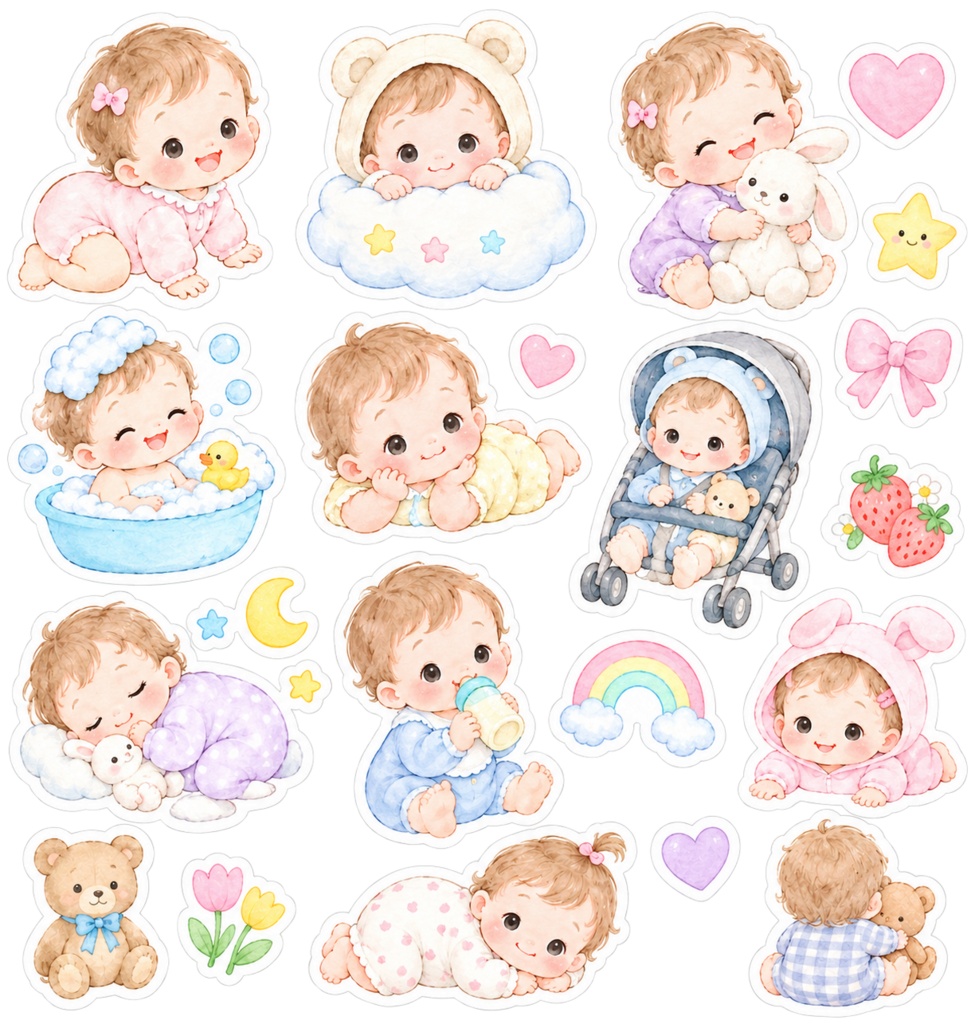 ふんわりキュートなベビーステッカーシート｜パステル・水彩風・手帳デコ・ジャーナリング【English  Kawaii Baby Sticker Sheet | Pastel Watercolor Stickers for Journaling, Planners & Cute Decor】
