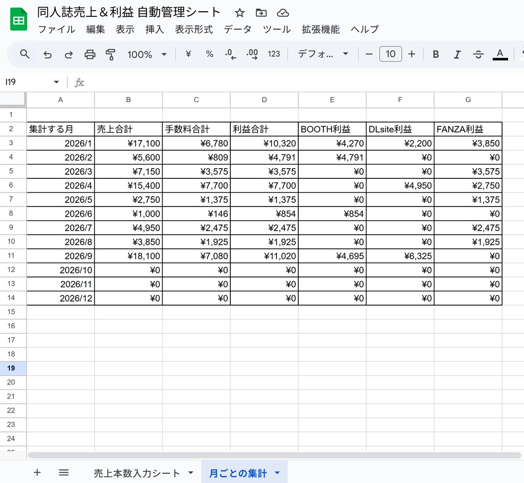 同人誌売上&利益 自動管理シート(Googleスプレッドシート、Excel両対応)【BOOTH・DLsite・FANZA対応】