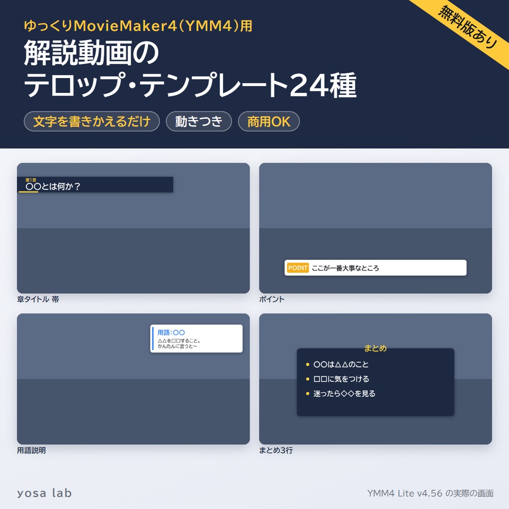 【無料版あり】YMM4 解説テロップ・テンプレート24種｜ゆっくり解説・解説動画に｜商用OK・文字を書きかえるだけ