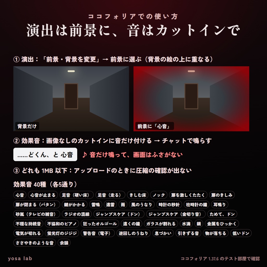 【無料版あり】ココフォリア用 ホラー演出エフェクト15種+効果音200音|砂嵐・心音・停電・血・ひび割れ|全部1MB以下|シナリオ同梱OK