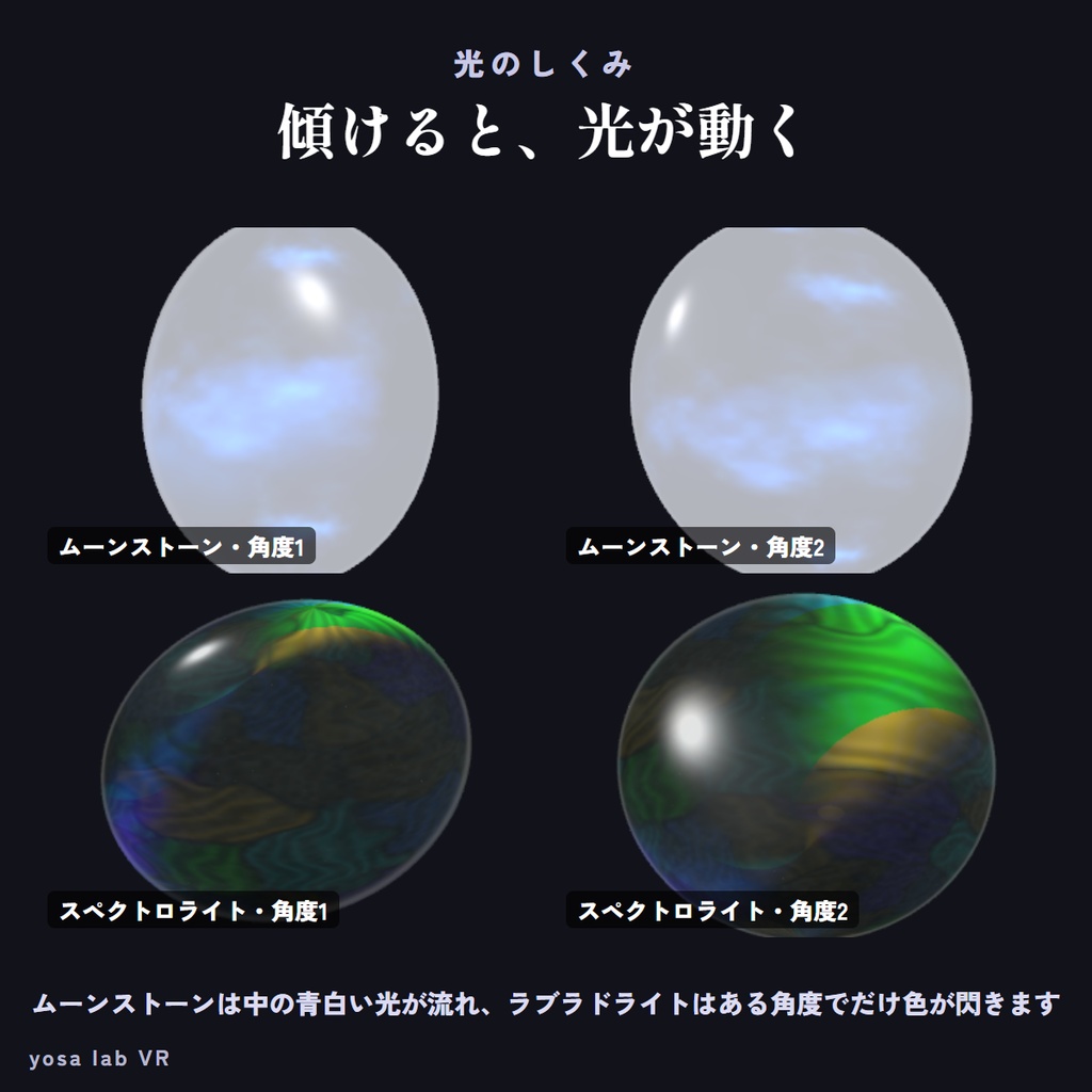 【無料版あり】動くムーンストーン&ラブラドライト マテリアル【lilToon・6色】|見る角度で光が動く石|アクセ・服・髪に汎用