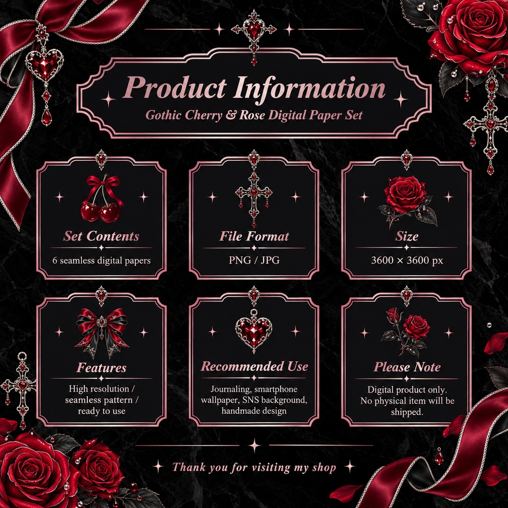 【6種セット】Gothic Cherry & Rose Digital Paper