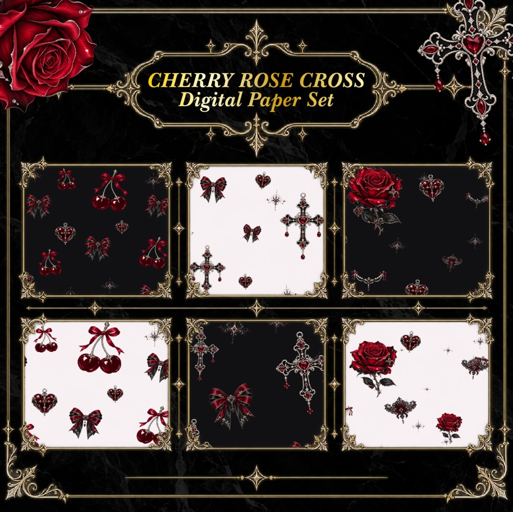 【6種セット】Gothic Cherry & Rose Digital Paper
