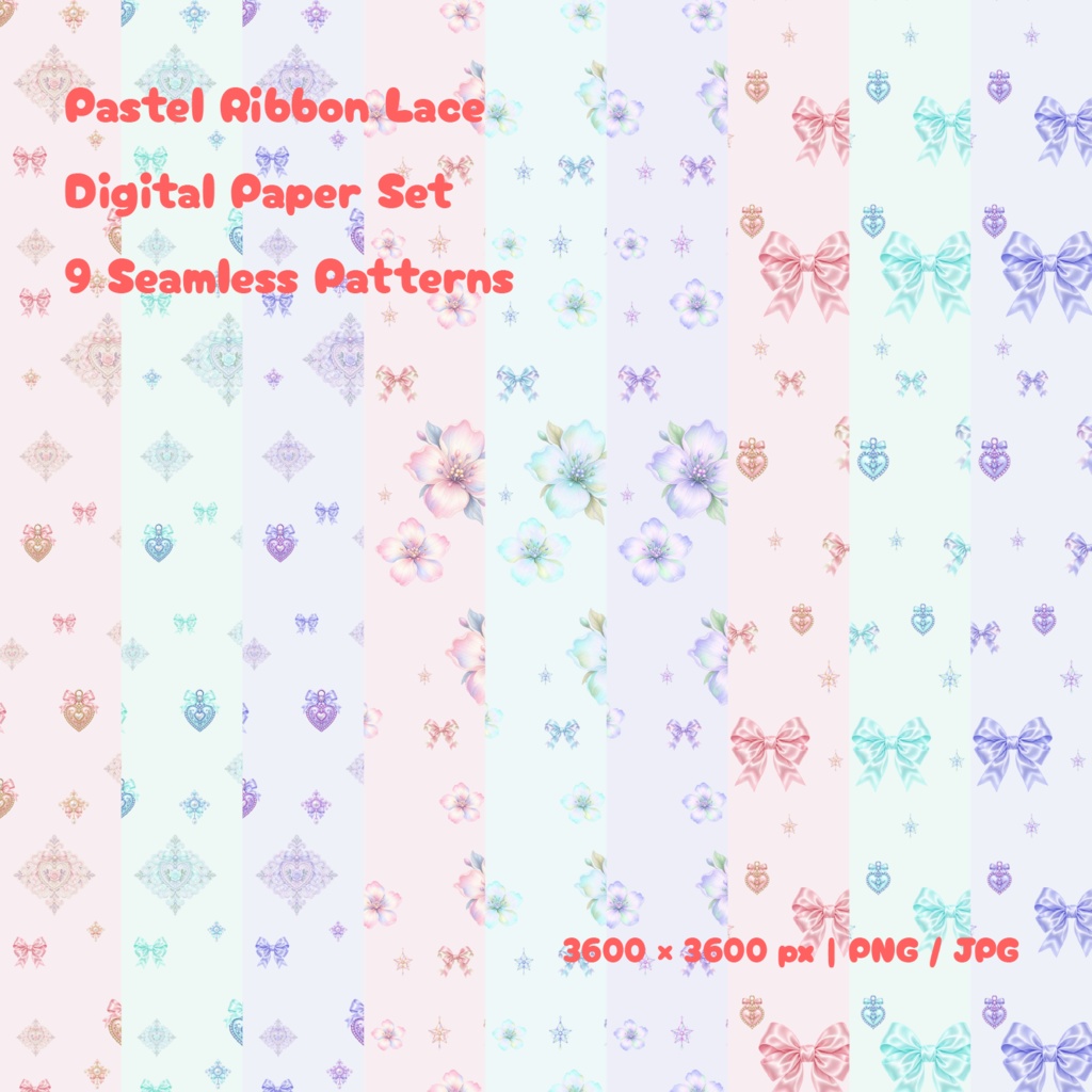 【9種セット】Pastel Ribbon Lace Digital Paper