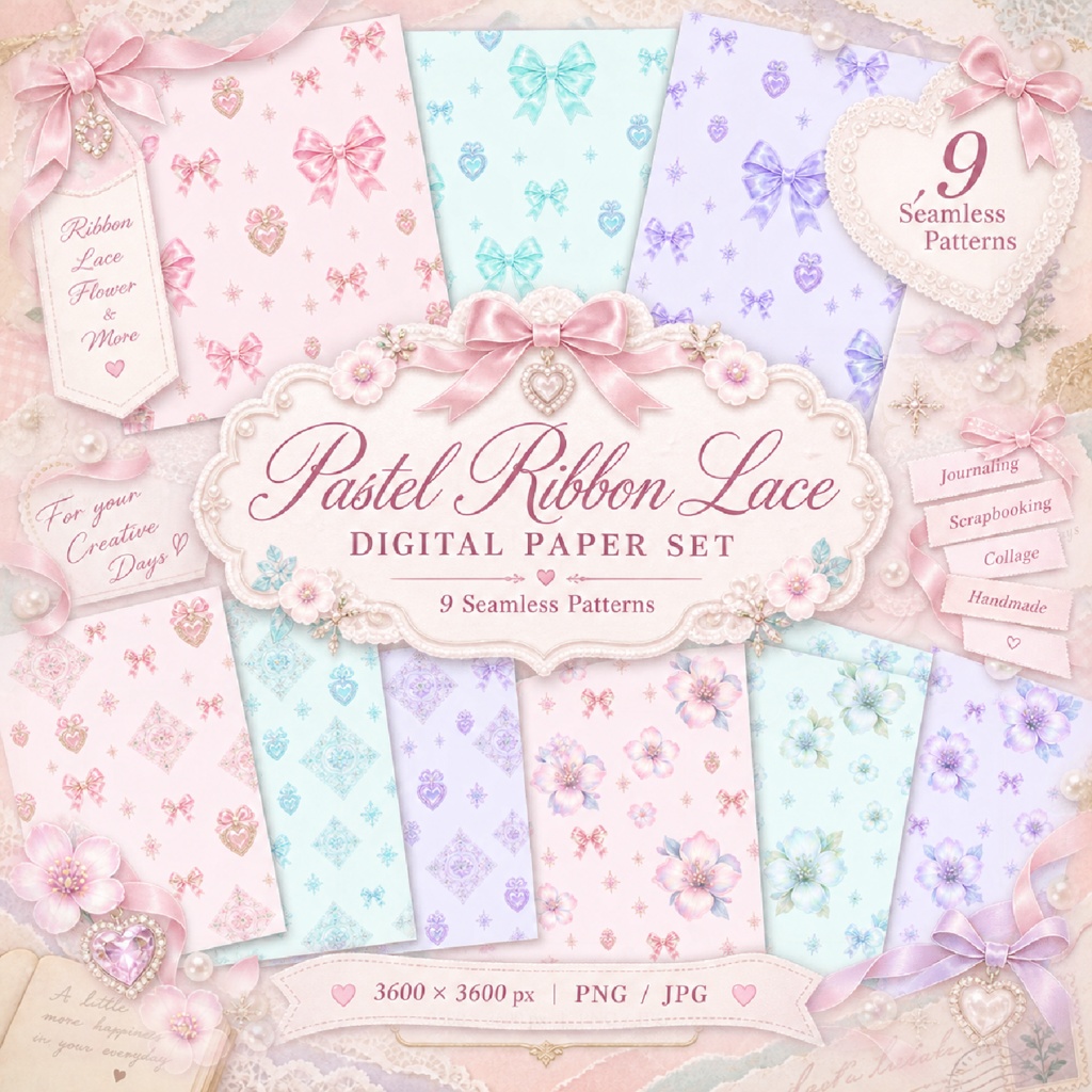 【9種セット】Pastel Ribbon Lace Digital Paper
