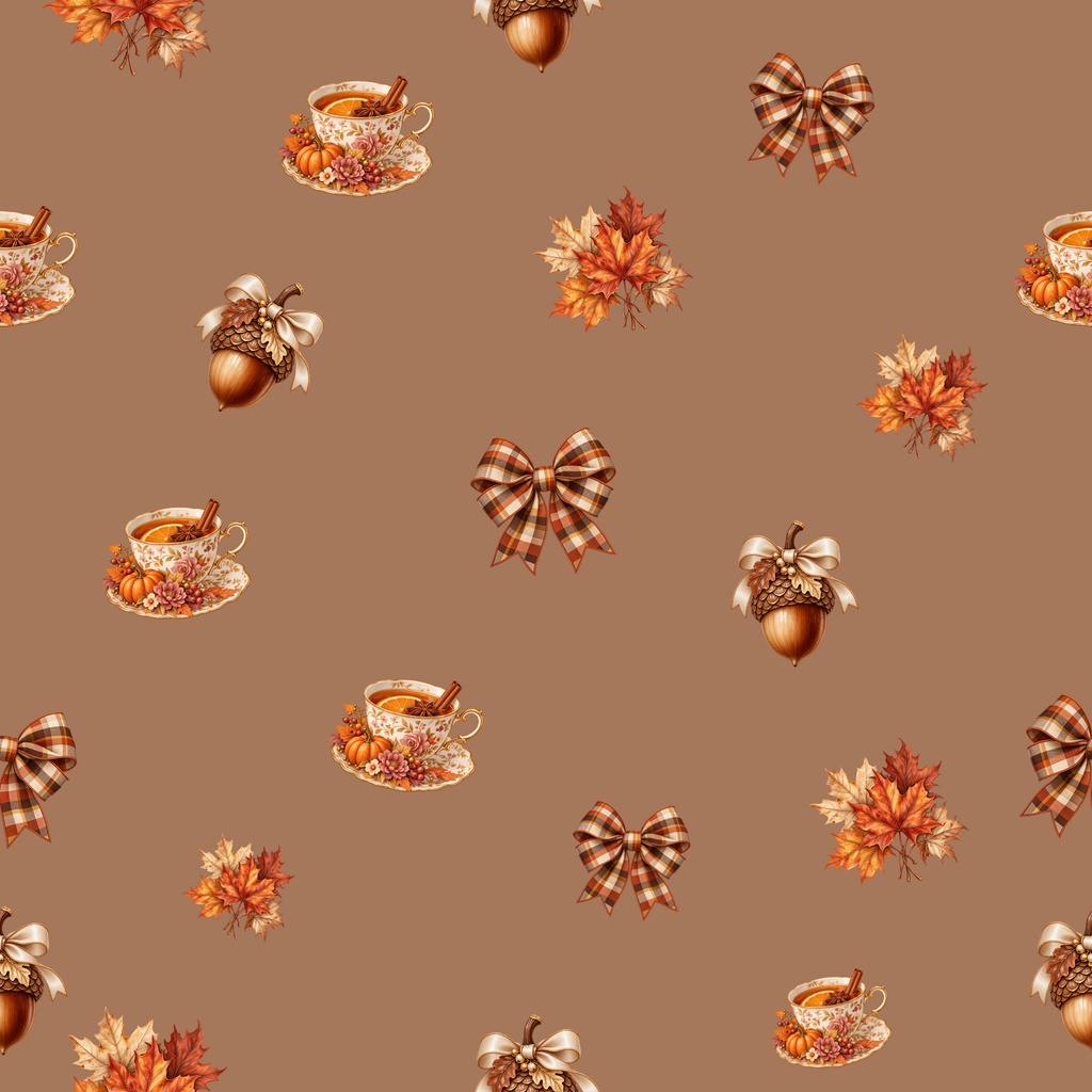 【5種セット】Autumn Cozy Digital Paper｜秋・紅葉・どんぐり・ティーカップ・リボン シームレス素材