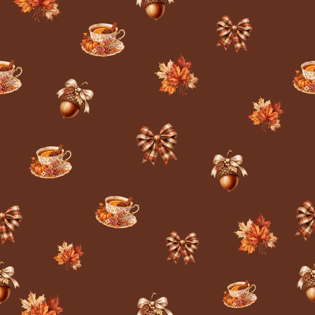 【5種セット】Autumn Cozy Digital Paper|秋・紅葉・どんぐり・ティーカップ・リボン シームレス素材