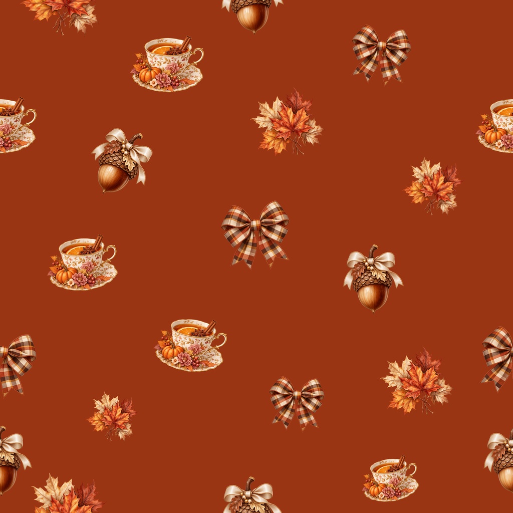 【5種セット】Autumn Cozy Digital Paper|秋・紅葉・どんぐり・ティーカップ・リボン シームレス素材