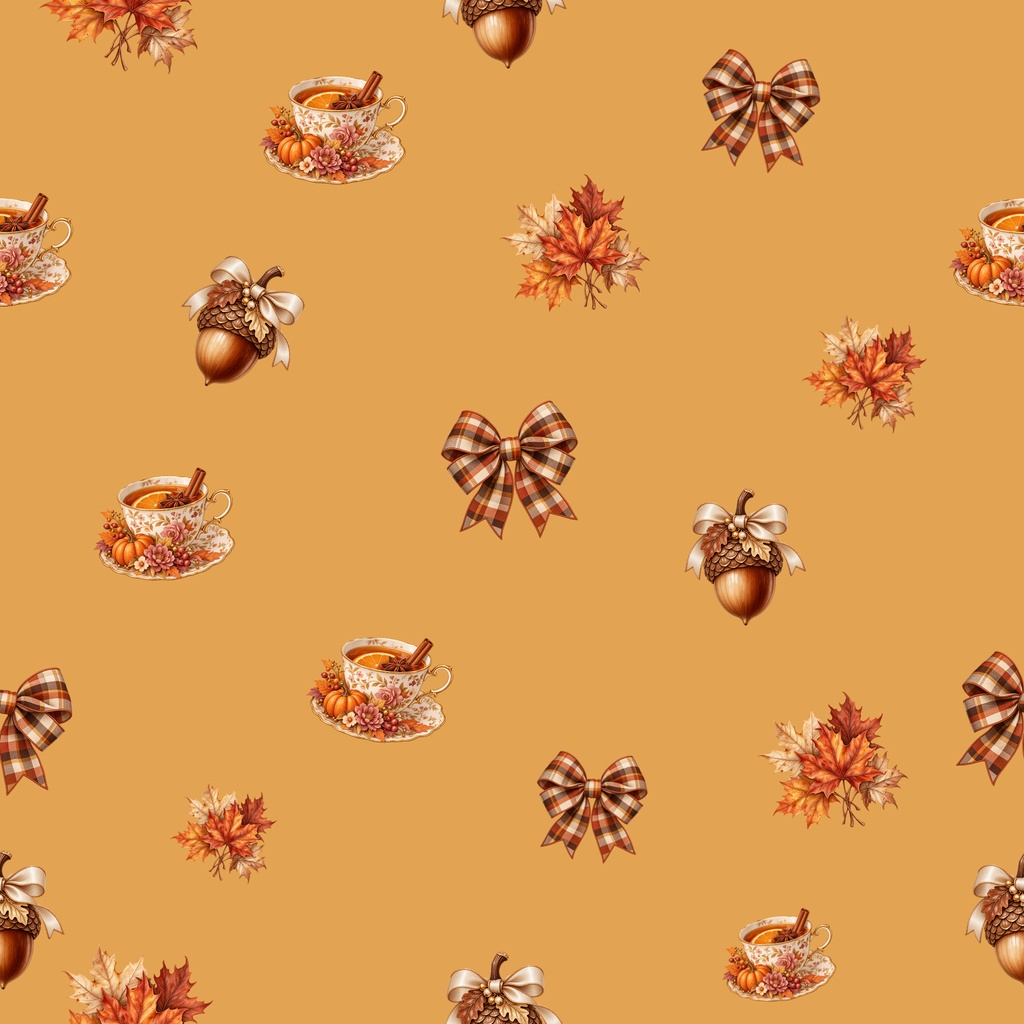 【5種セット】Autumn Cozy Digital Paper|秋・紅葉・どんぐり・ティーカップ・リボン シームレス素材