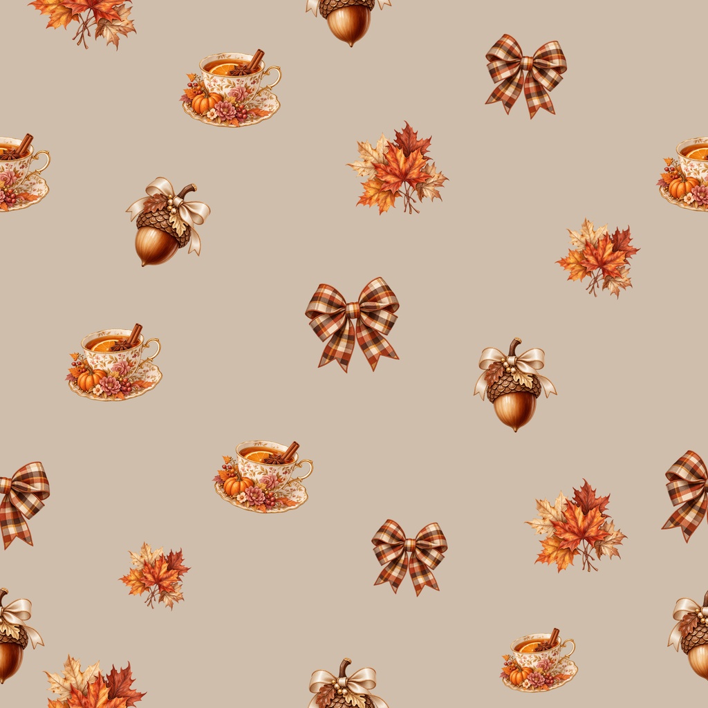 【5種セット】Autumn Cozy Digital Paper|秋・紅葉・どんぐり・ティーカップ・リボン シームレス素材