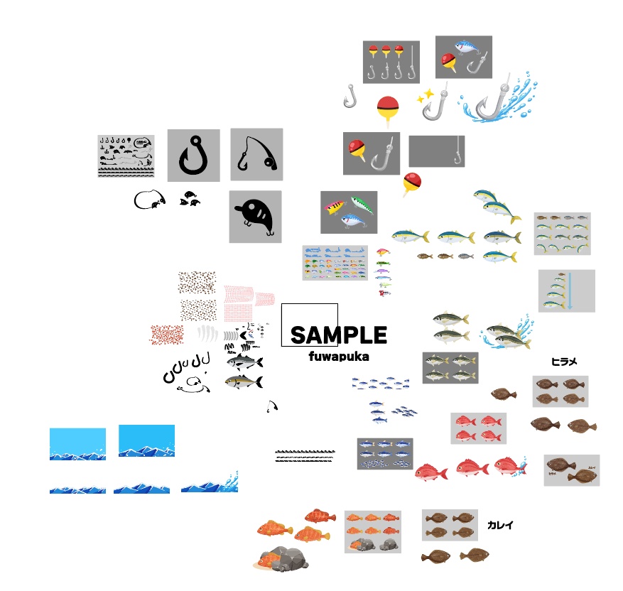 かわいい魚と釣り道具のイラスト素材_ベクター - ふわぷか - BOOTH