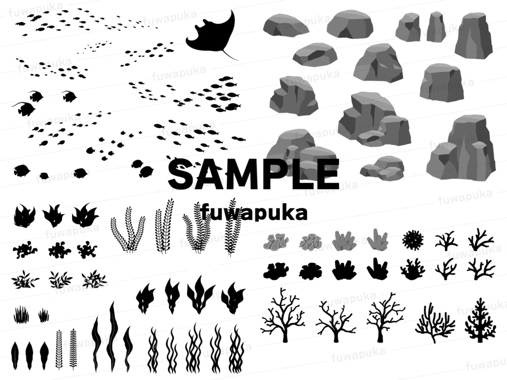 熱帯魚の背景とデザイン用のシルエット素材セット_PNGのみもあります