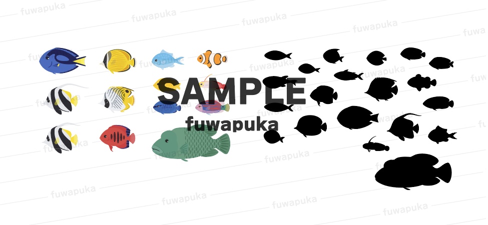 熱帯魚の背景とデザイン用のシルエット素材セット_PNGのみもあります