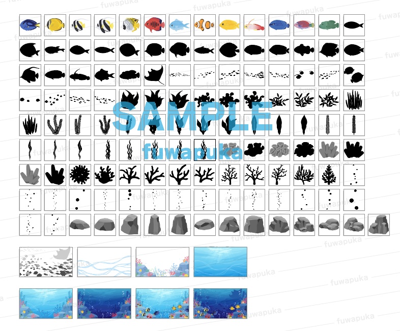 熱帯魚の背景とデザイン用のシルエット素材セット_PNGのみもあります