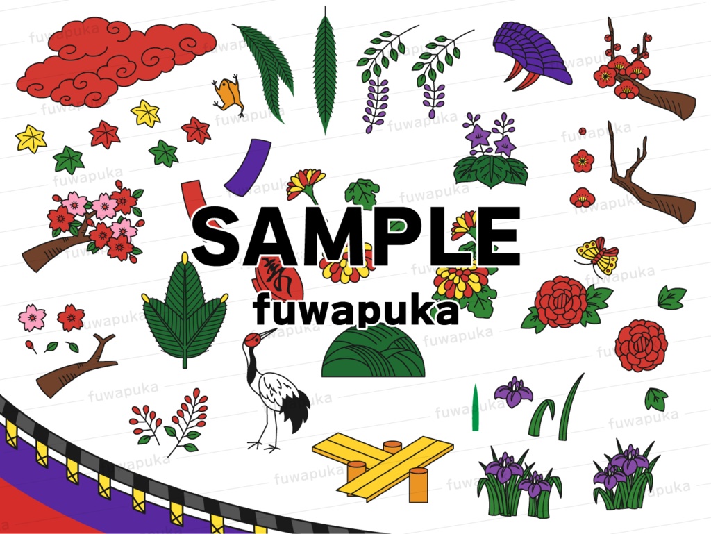 花札をイメージした背景と素材_ベクター