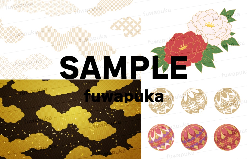 牡丹の背景と和柄のシームレスパターン素材_ベクター