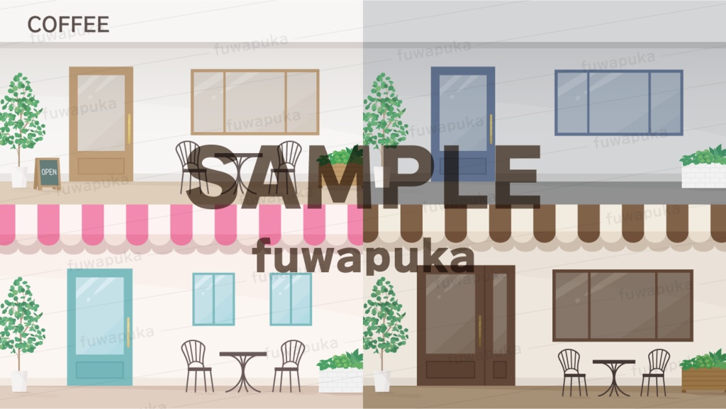 カフェの入り口と舞う葉っぱのイラスト素材_ベクター