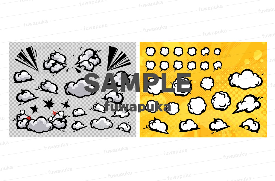 アメコミ風の着地の煙と衝撃のエフェクトと背景素材_PNG