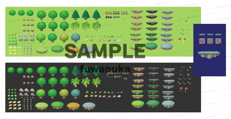 カートゥーン調の木と植物と岩と背景のイラスト素材_PNGのみもあります