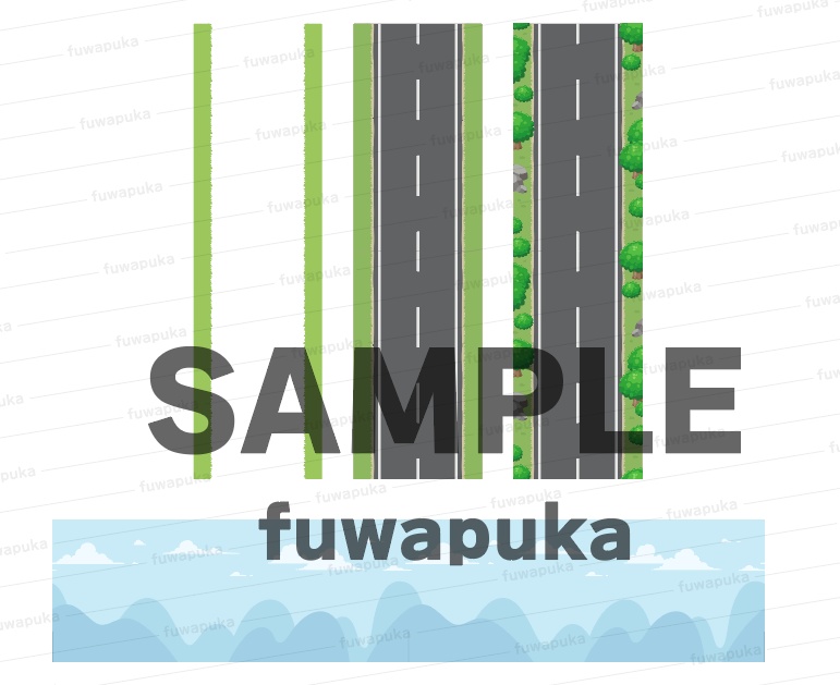 カートゥーン調の木と植物と岩と背景のイラスト素材_PNGのみもあります