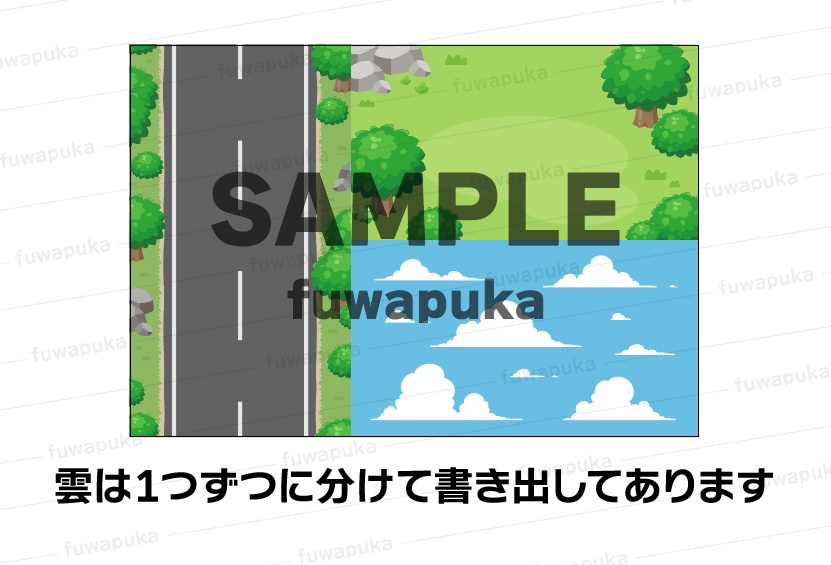 カートゥーン調の木と植物と岩と背景のイラスト素材_PNGのみもあります