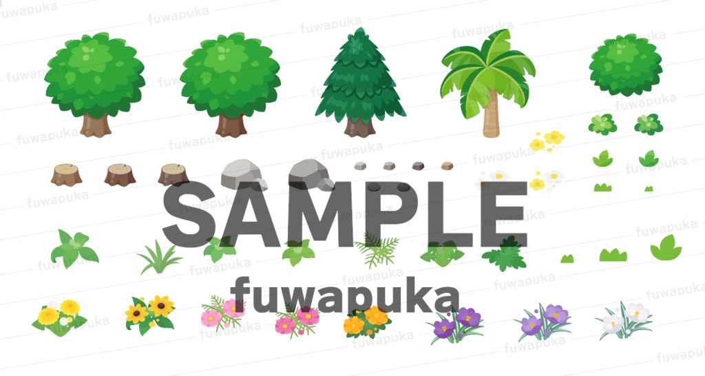 カートゥーン調の木と植物と岩と背景のイラスト素材_PNGのみもあります