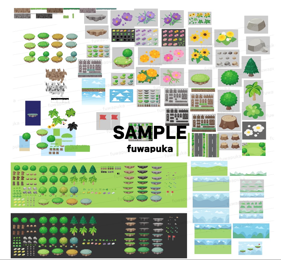 カートゥーン調の植物や岩とシームレスな背景のイラスト素材