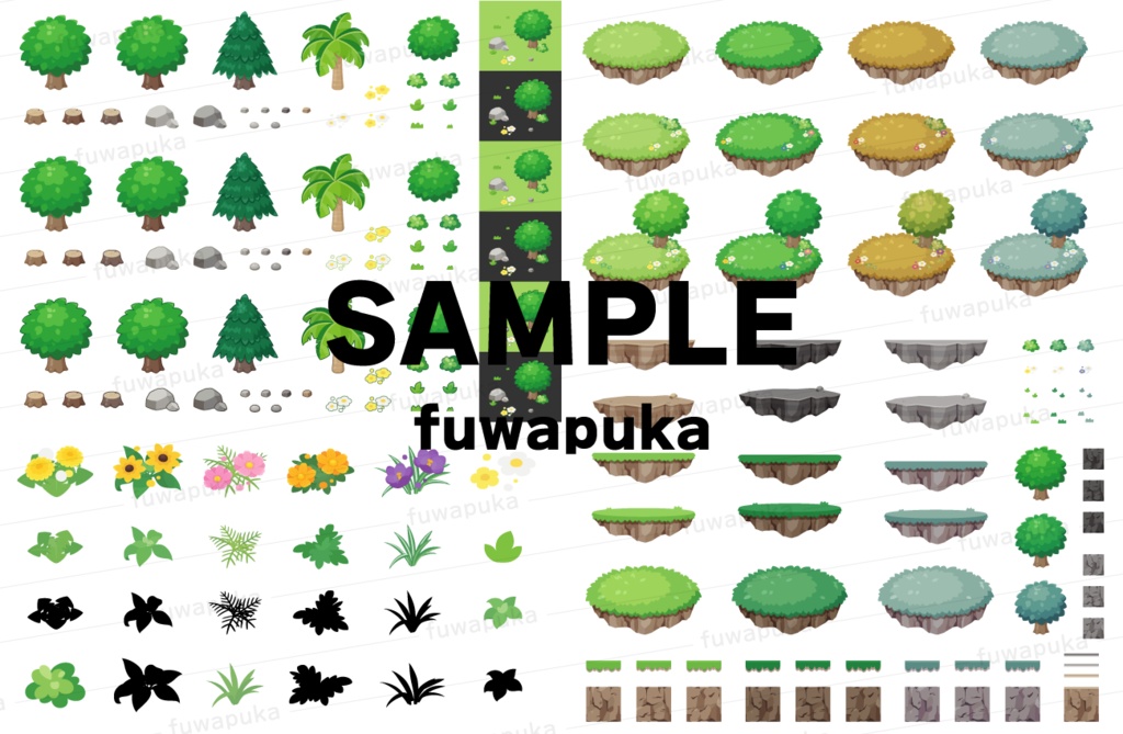 カートゥーン調の植物や岩とシームレスな背景のイラスト素材