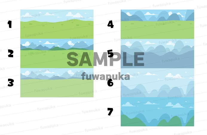 草原と山脈のシームレスな背景7種_横スクロールゲーム