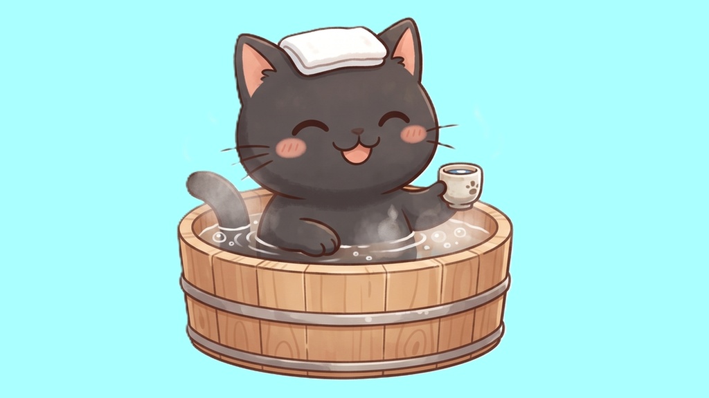 【背景透過】温泉にゃんこの離席・休憩画面素材セット【左右逆/お風呂行ってきます/吹き出し文字入り・大中小/黒猫単品】