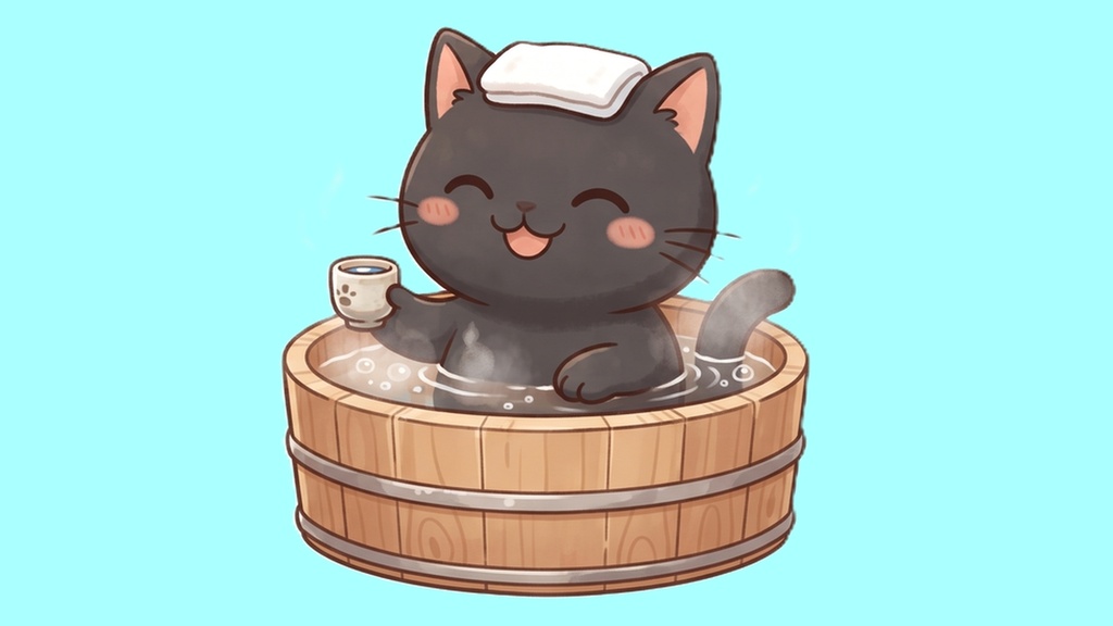 【背景透過】温泉にゃんこの離席・休憩画面素材セット【左右逆/お風呂行ってきます/吹き出し文字入り・大中小/黒猫単品】