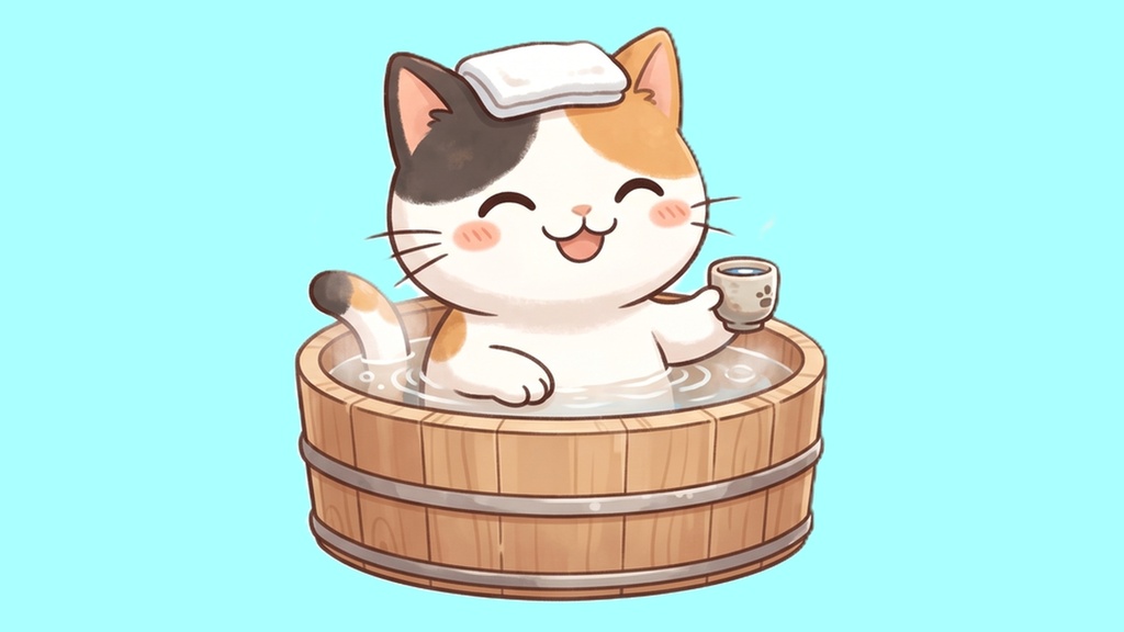 【背景透過】温泉にゃんこの離席・休憩画面素材セット【左右逆/お風呂行ってきます/吹き出し文字入り・大中小/三毛猫単品】