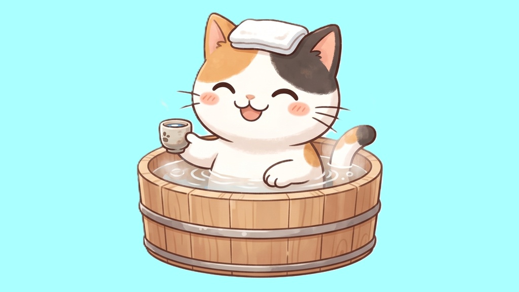 【背景透過】温泉にゃんこの離席・休憩画面素材セット【左右逆/お風呂行ってきます/吹き出し文字入り・大中小/三毛猫単品】