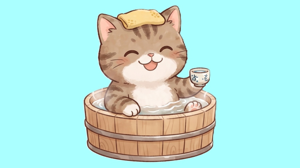 【背景透過】温泉にゃんこの離席・休憩画面素材セット【左右逆/お風呂行ってきます/吹き出し文字入り・大中小/キジトラ猫単品】