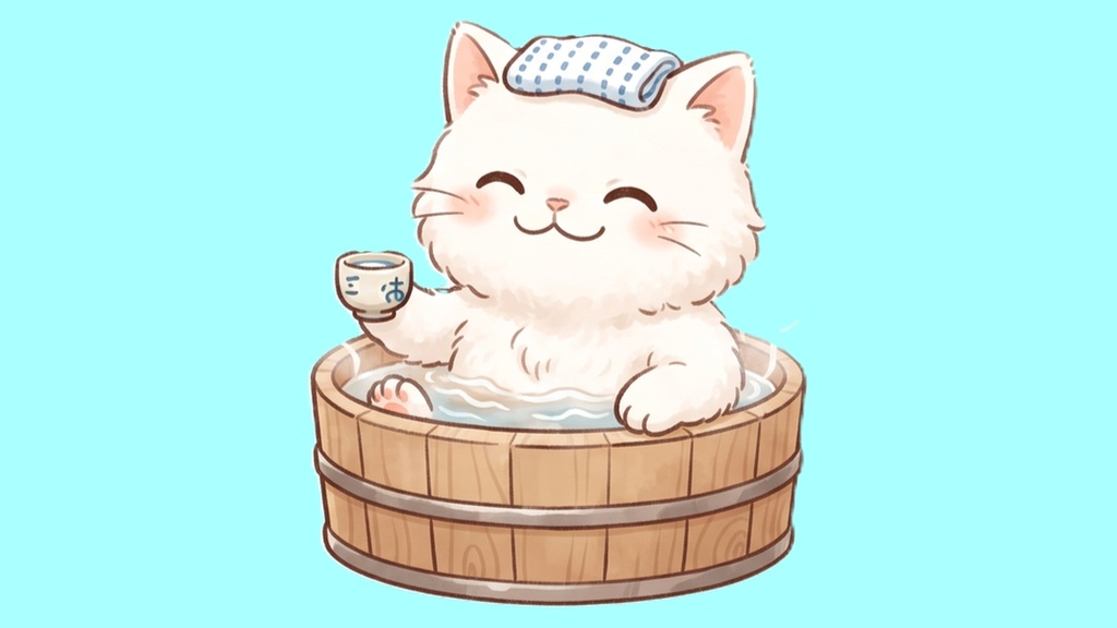 【背景透過】温泉にゃんこの離席・休憩画面素材セット【左右逆/お風呂行ってきます/吹き出し文字入り・大中小/白猫単品】