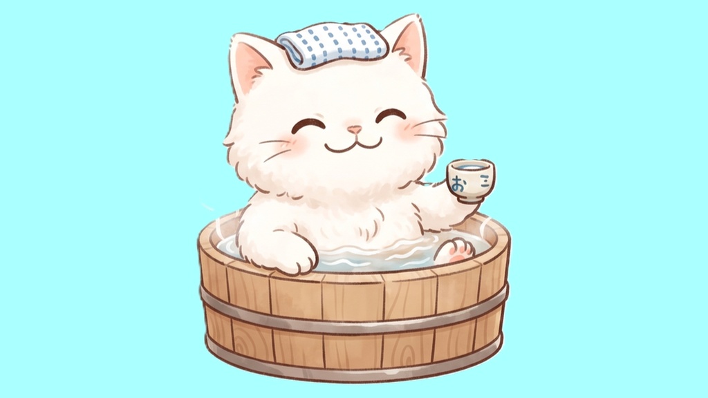 【背景透過】温泉にゃんこの離席・休憩画面素材セット【左右逆/お風呂行ってきます/吹き出し文字入り・大中小/白猫単品】