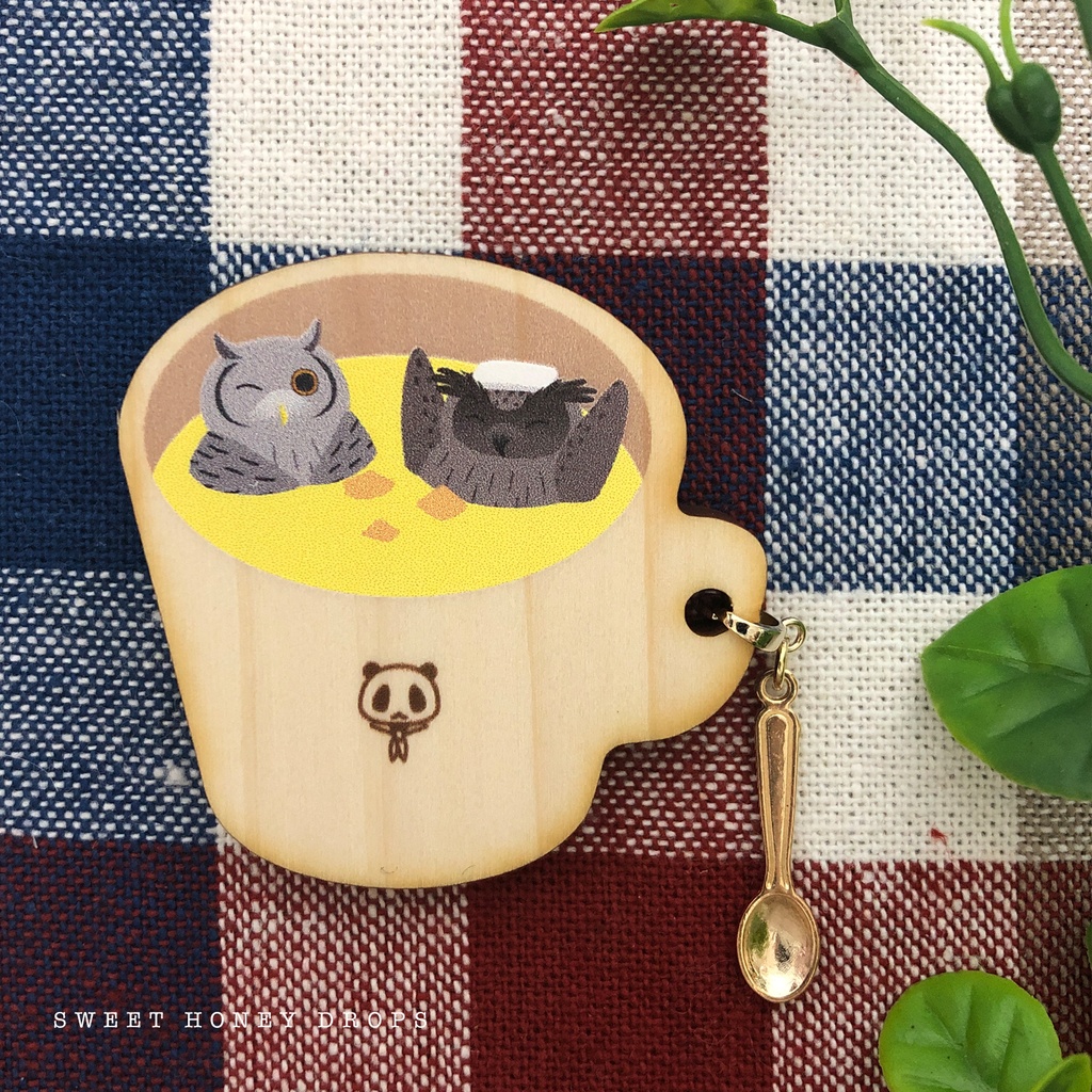 ウッドマグカップ風ブローチ*フクロウとミミズクとコーンポタージュ*