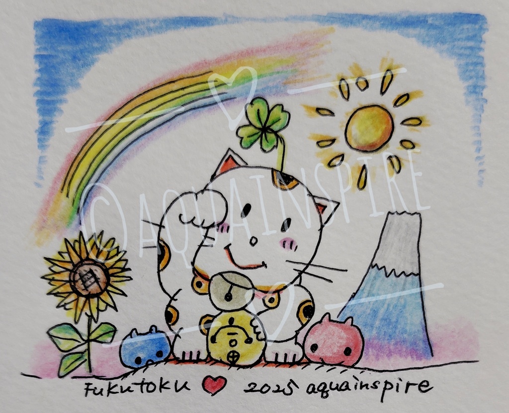 招き猫 縁起物イラスト【手描き・待ち受け壁紙】福徳円満