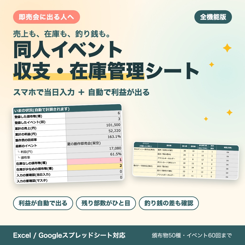 同人イベント 収支・在庫・頒布管理シート|スマホで当日入力【Googleスプレッドシート対応】