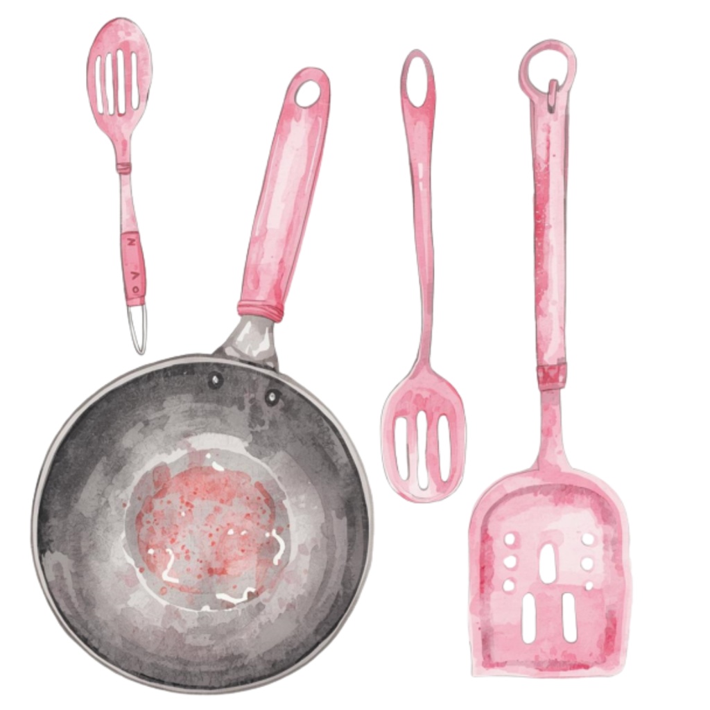 【キッチンシリーズ】水彩ピンクのアンティーク風クリップアート12点セット|PNG背景透過