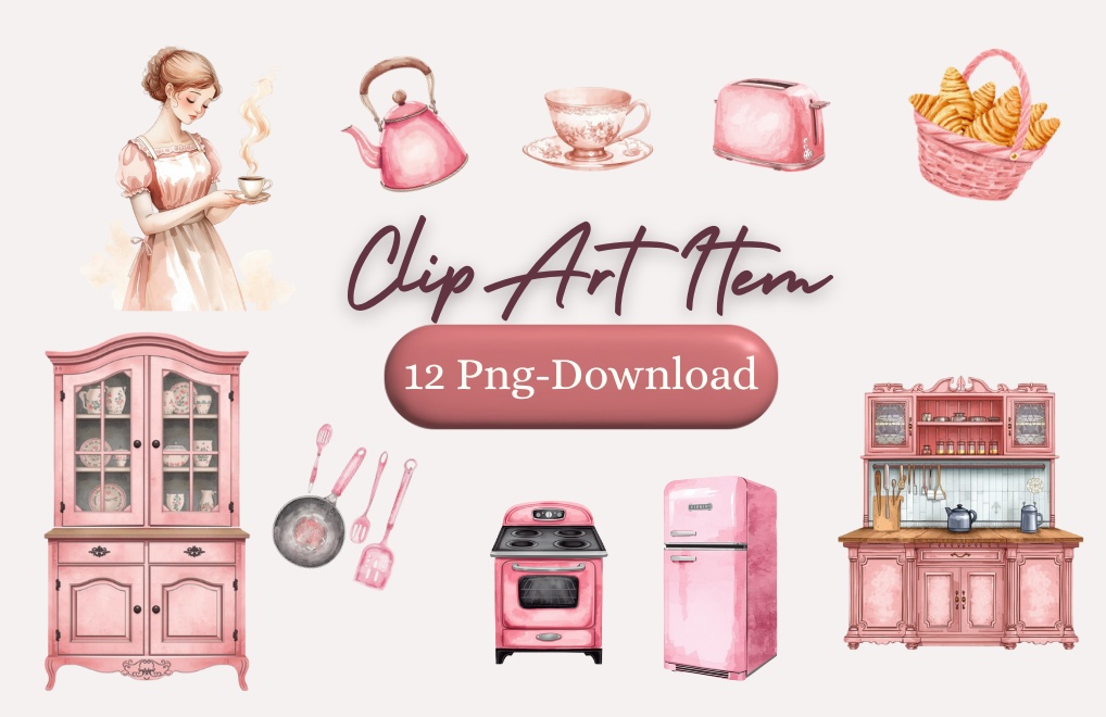 【キッチンシリーズ】水彩ピンクのアンティーク風クリップアート12点セット｜PNG背景透過