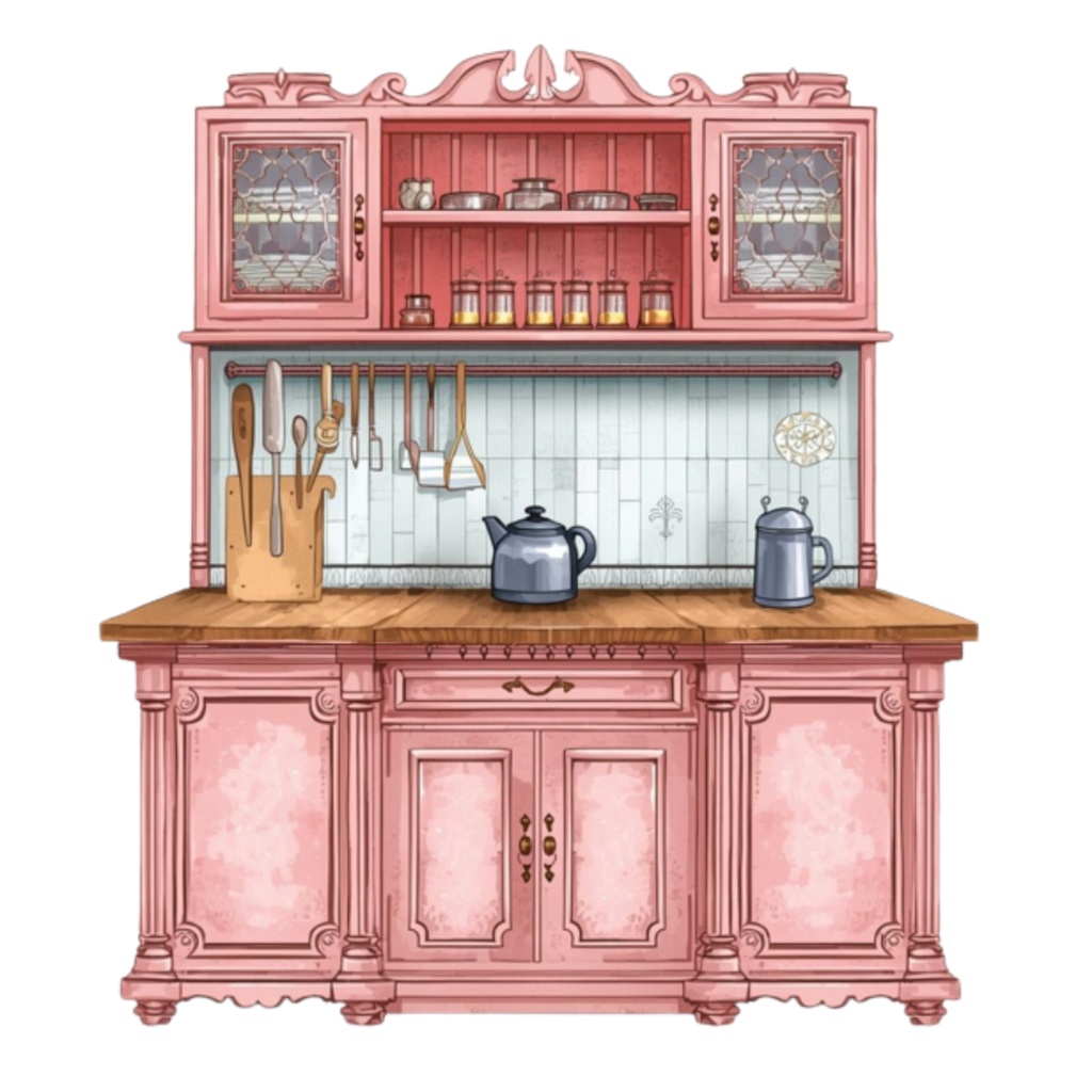 【キッチンシリーズ】水彩ピンクのアンティーク風クリップアート12点セット|PNG背景透過