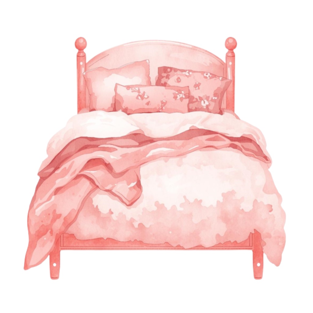 水彩ピンクのかわいい寝室アイテムセット(全12点)|クリップアートPNG背景透過