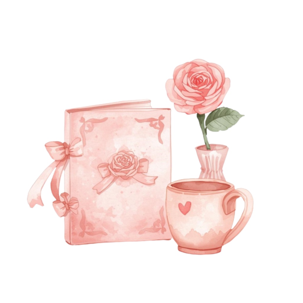 水彩ピンクのかわいい寝室アイテムセット(全12点)|クリップアートPNG背景透過