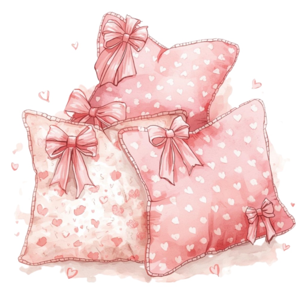 水彩ピンクのかわいい寝室アイテムセット(全12点)|クリップアートPNG背景透過