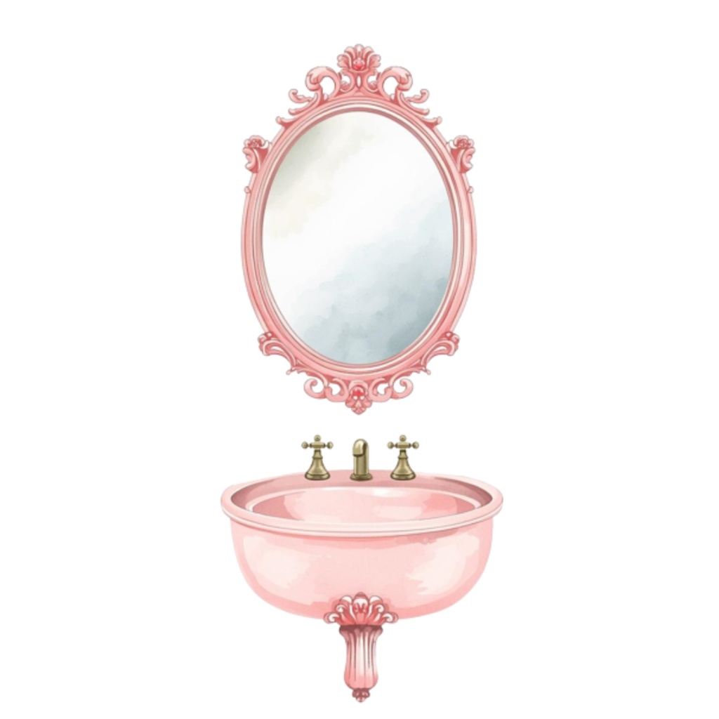 水彩ピンクのかわいいバスルームアイテムセット(全12点)|クリップアートPNG背景透過