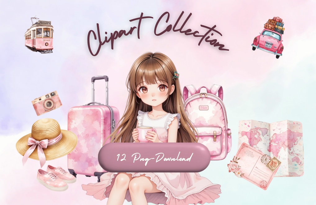 水彩ピンクの小旅行クリップアートセット（全12点）｜PNG Watercolor Pink Weekend Trip Clipart Set (12 PNGs)