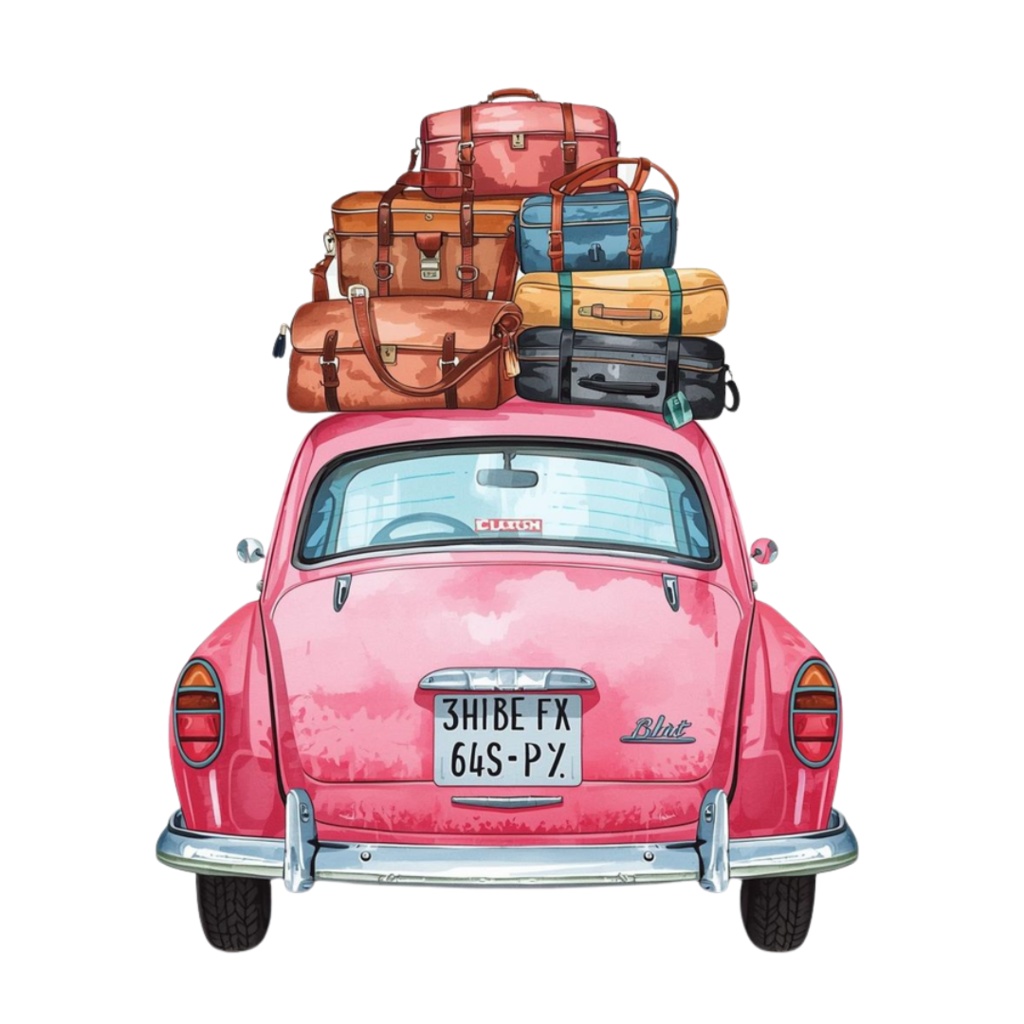 水彩ピンクの小旅行クリップアートセット(全12点)|PNG Watercolor Pink Weekend Trip Clipart Set (12 PNGs)