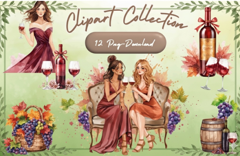水彩ワイン＆ぶどう クリップアートセット（全12点）｜PNG Wine & Grapes Watercolor Clipart Set (12 PNGs)