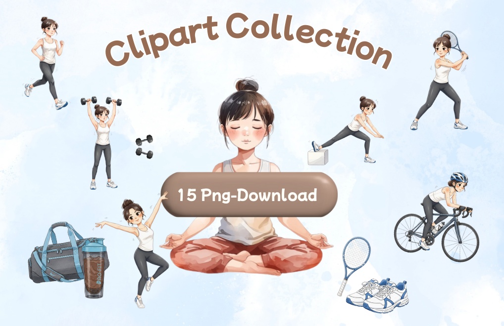 水彩スポーツガール クリップアートセット（全15点）｜PNG Watercolor Sports Girl Clipart Set (15 PNGs)